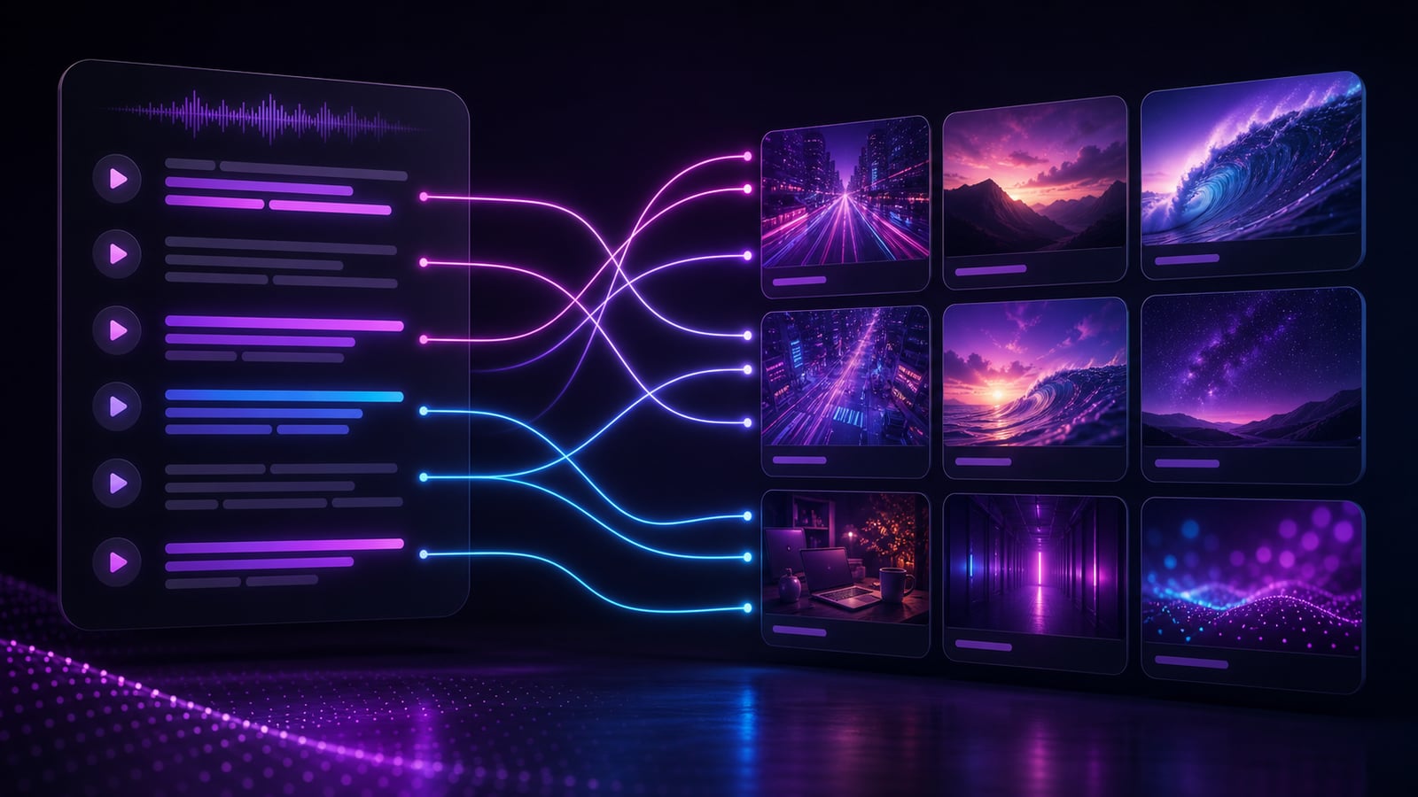 AI b-roll matching dashboard connecting voiceover lines to relevant footage clips and video timeline segments.