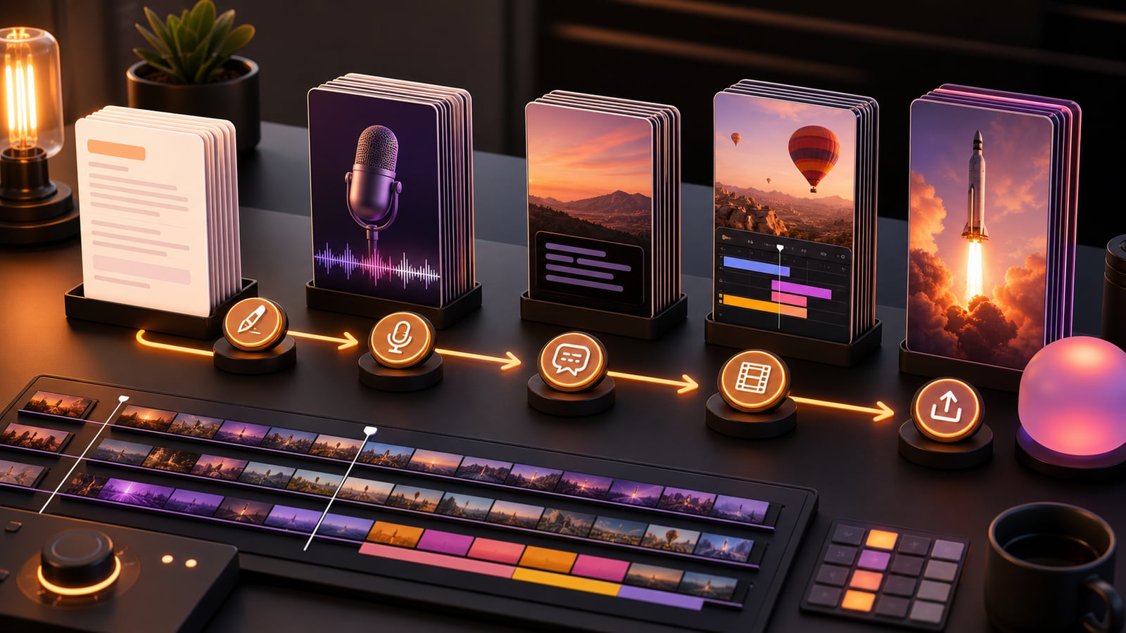 Batch video production workflow showing scripts, voiceovers, captions, timelines, exports, and scheduled content cards.