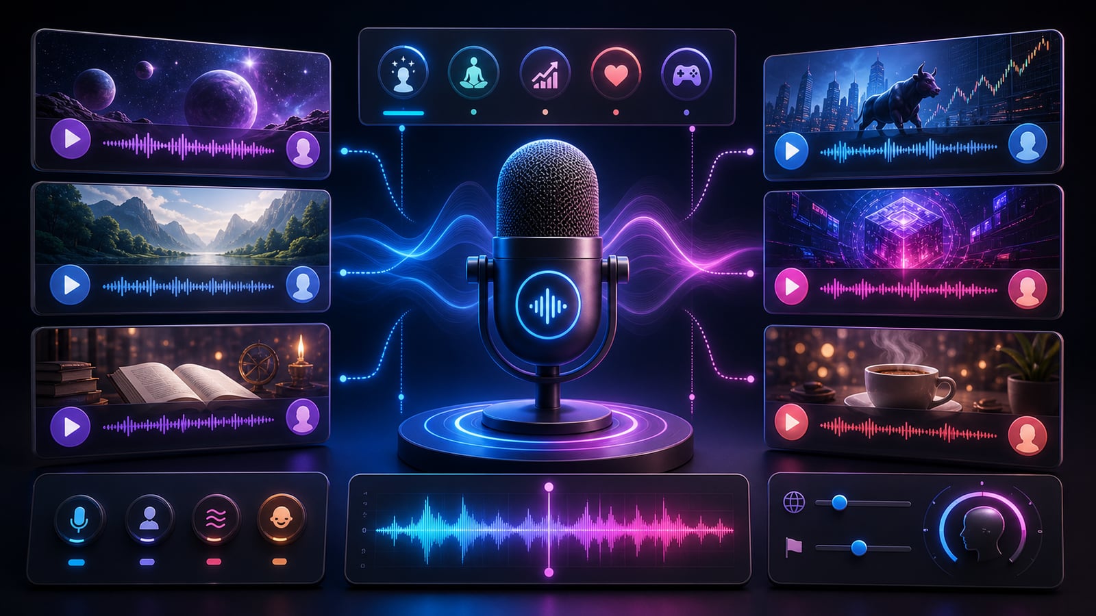 AI voice selection studio with microphone, waveform cards, niche mood panels, and language controls.