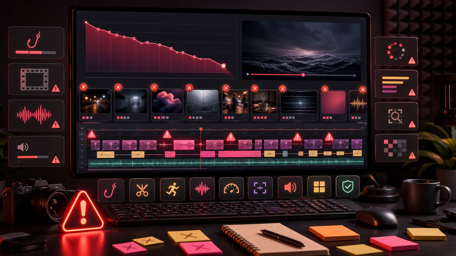 Video editing timeline with warning markers for weak hooks, bad captions, mismatched footage, and retention drops.