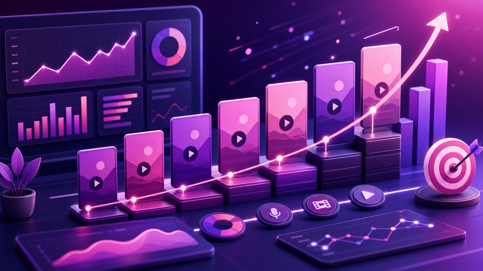 Faceless channel growth dashboard with steady analytics, recurring uploads, retention graphs, and compounding progress.
