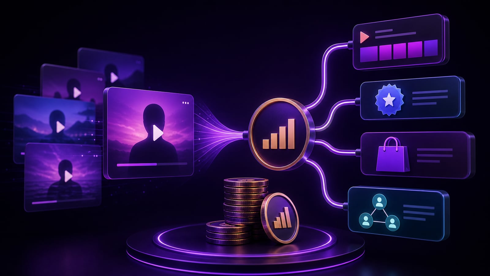 Faceless channel monetization dashboard with revenue streams, analytics cards, and creator income strategy visuals.