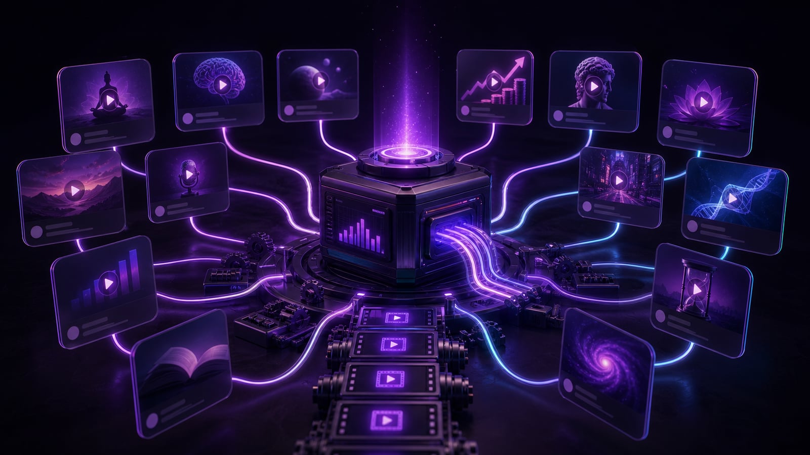 Scalable faceless YouTube production system with multiple channel cards, workflow automation, and analytics dashboards.