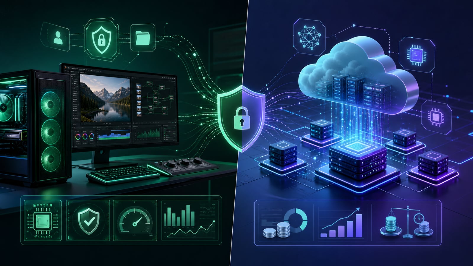 Local workstation and cloud AI servers connected by secure data paths for video cost, privacy, and control comparison.