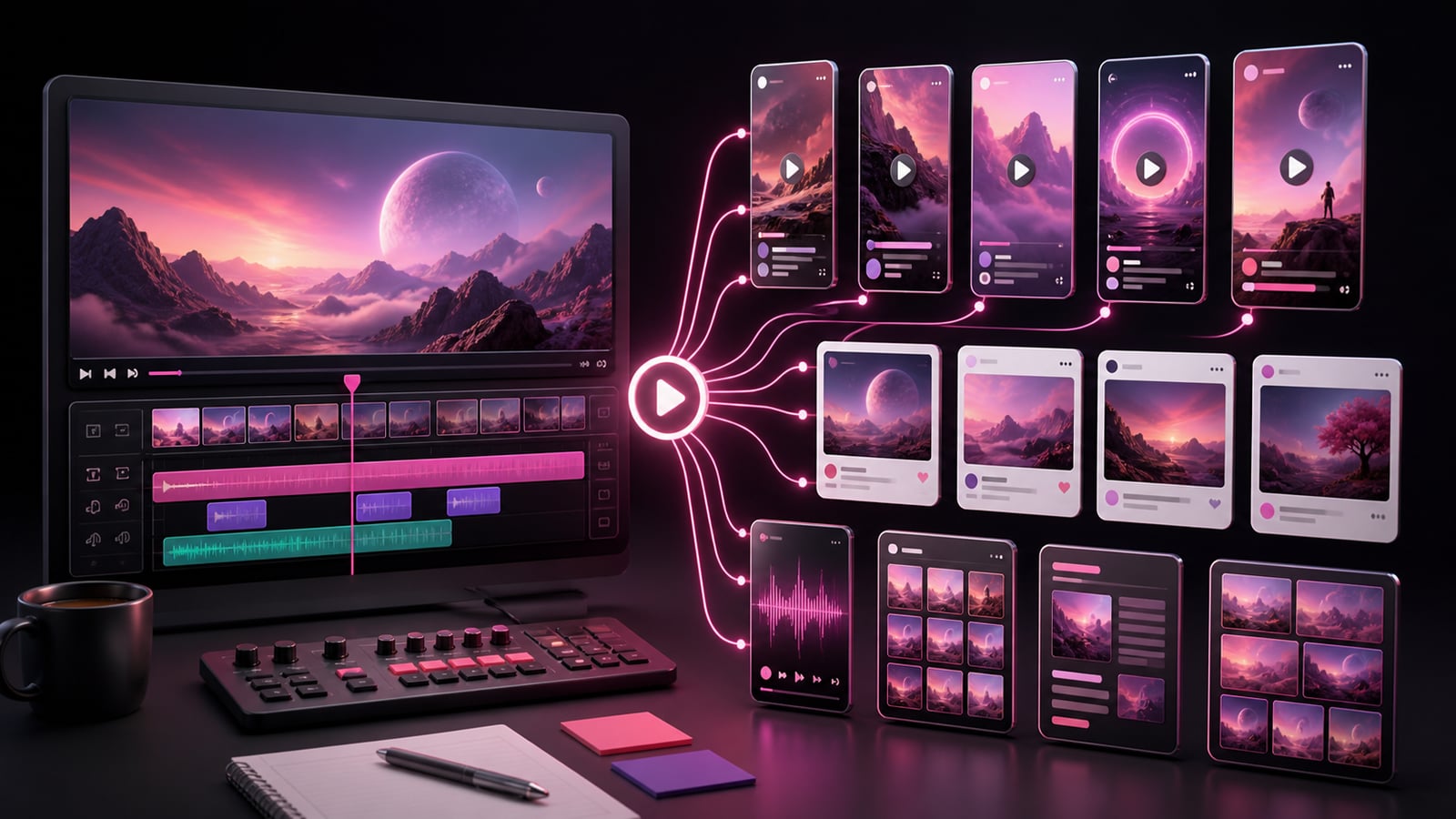 One long-form video timeline branching into multiple Shorts, Reels, carousel cards, and social post exports.