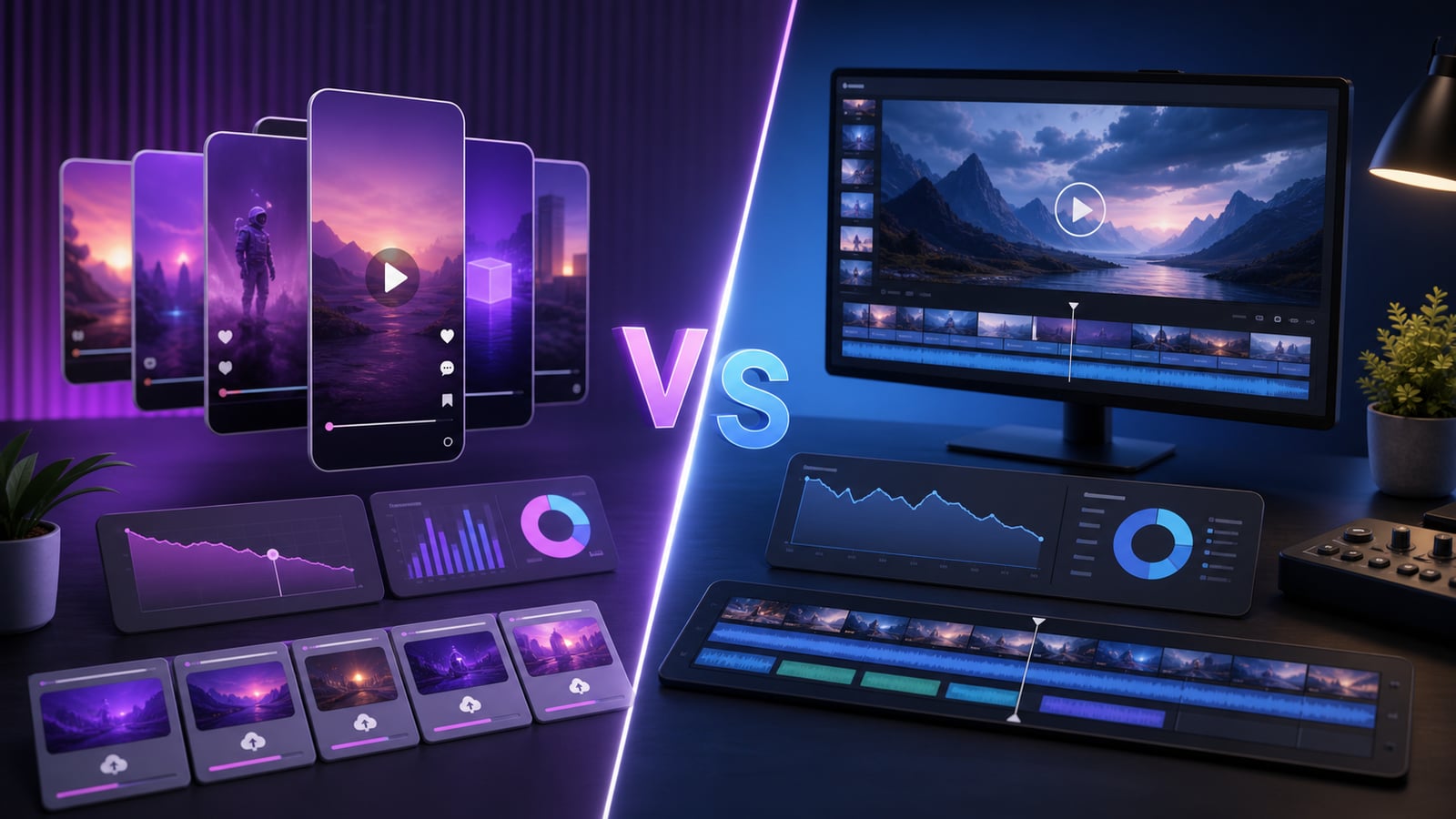 Comparison of vertical Shorts cards and a widescreen long-form video timeline for faceless channel strategy.