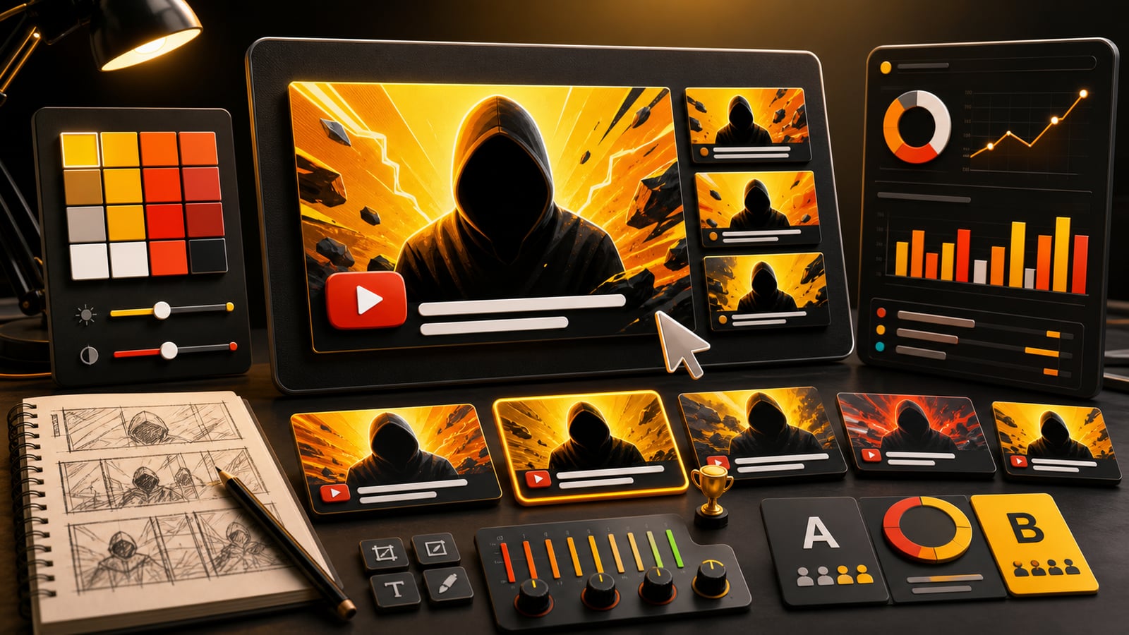 YouTube thumbnail and title testing workspace with high-contrast packaging cards and click-through analytics.