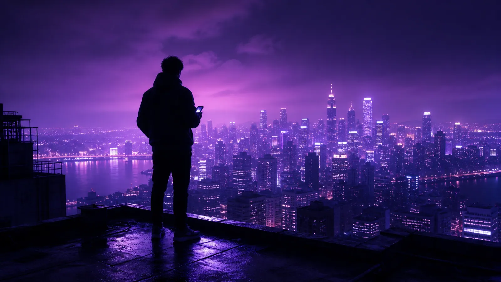 Creator overlooking a neon city